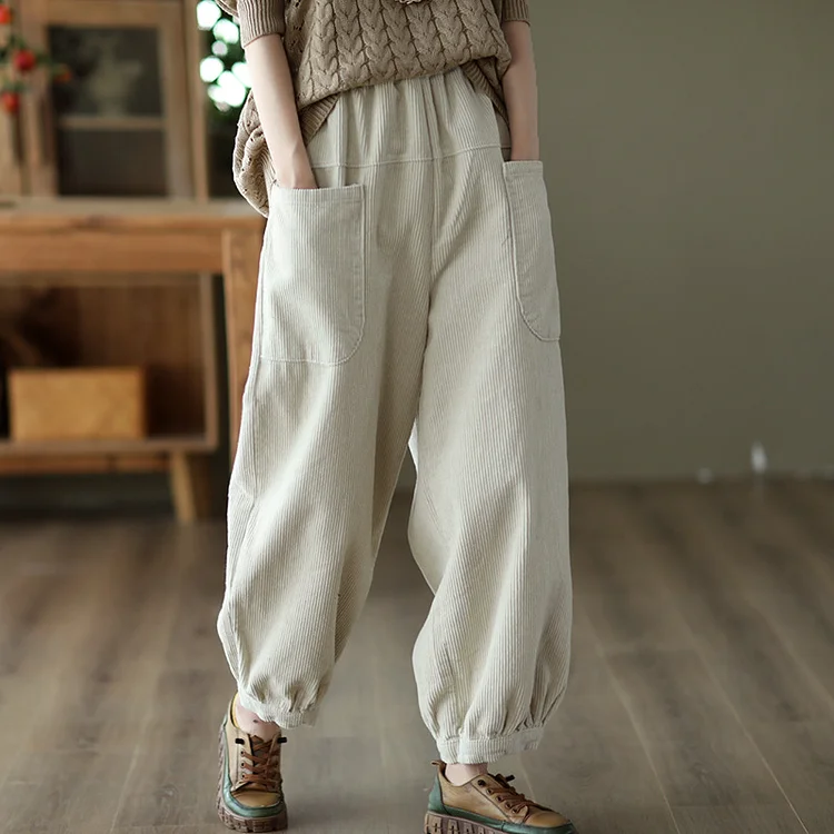 Vintage Striped Corduroy Elastic-Waist Pants