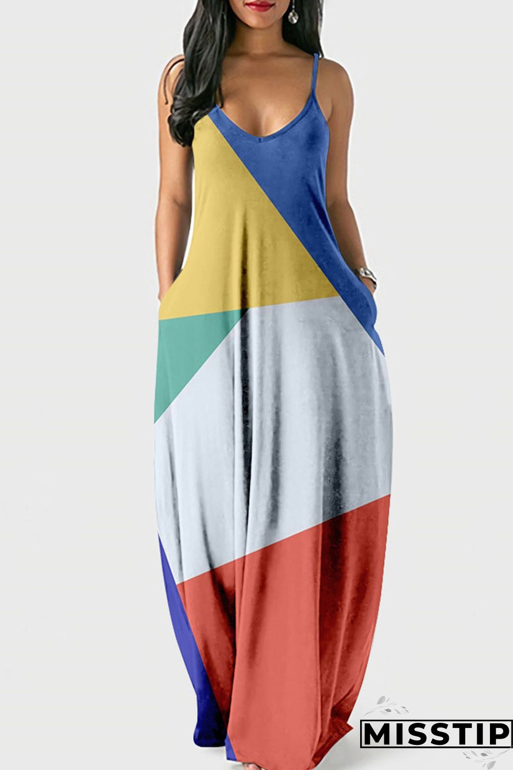 Red Street Print Patchwork Spaghetti Strap Lantern Dress Dresses