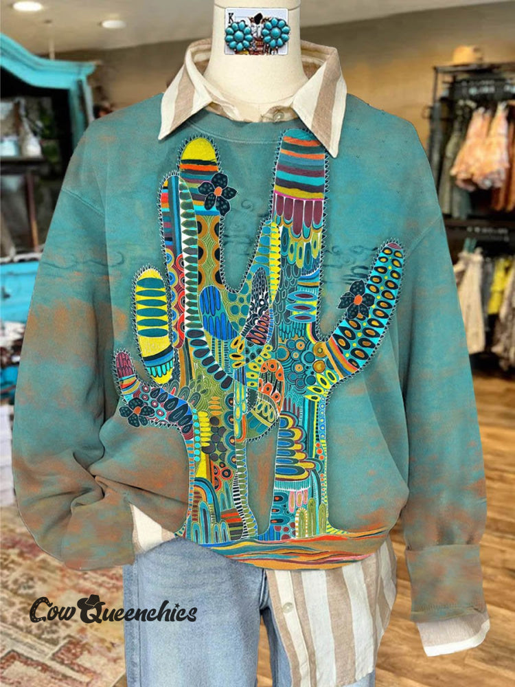 Cactus Print Casual Sweatshirt Multicolor / S