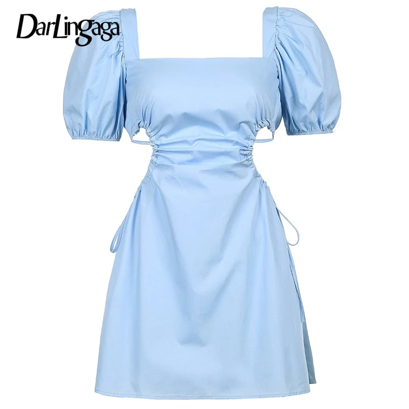 Darlingaga Korean Fashion Square Neck Summer Dress Women 2021 Backless Lace Up Solid Sexy Dress Mini Puff Sleeve Kawaii Dresses