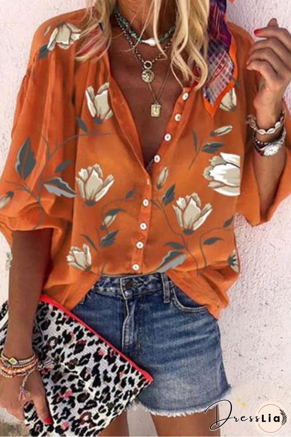 Floral Print Casual V-Neck Blouse