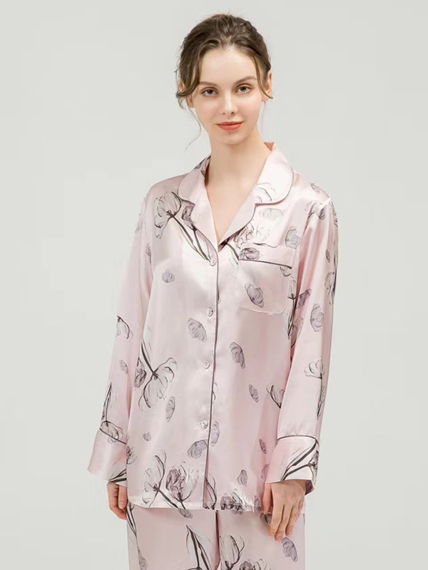 Realsilklife Silk Pajamas 19 Momme Fresh Spring Long Sleeve Silk Pajamas 8529