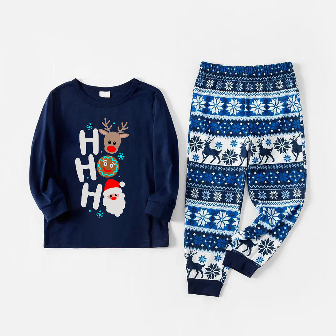 HO HO HO Text and Santa Claus Print Blue Family Christmas Matching Pajamas