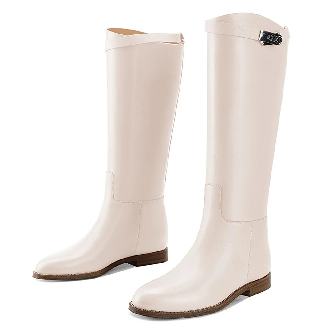 Women's Ivory Closed Toe Knee-High Slip On Flat Buckle Boots