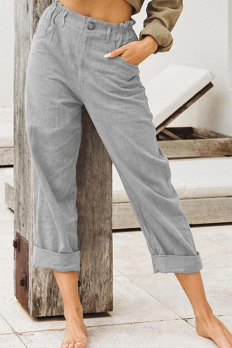 Plus Size Casual Light Grey Cotton Linen And Linen Pocket Solid Color Pants  Flycurvy [product_label]