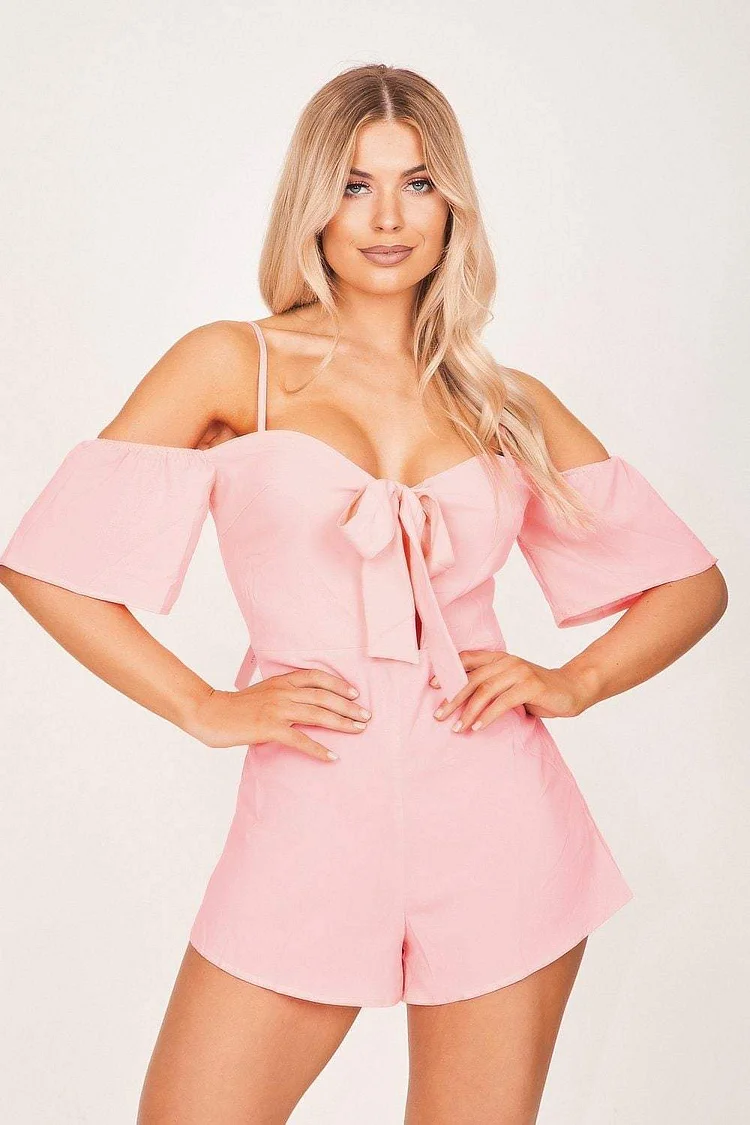 Neon Pink Off The Shoulder Tie Front Playsuit Katch Me