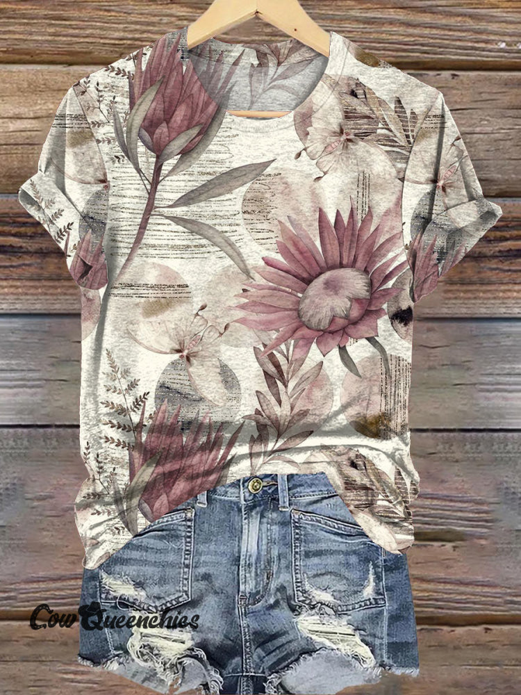 Vintage Sunflower Print Casual T-shirt Beige / S