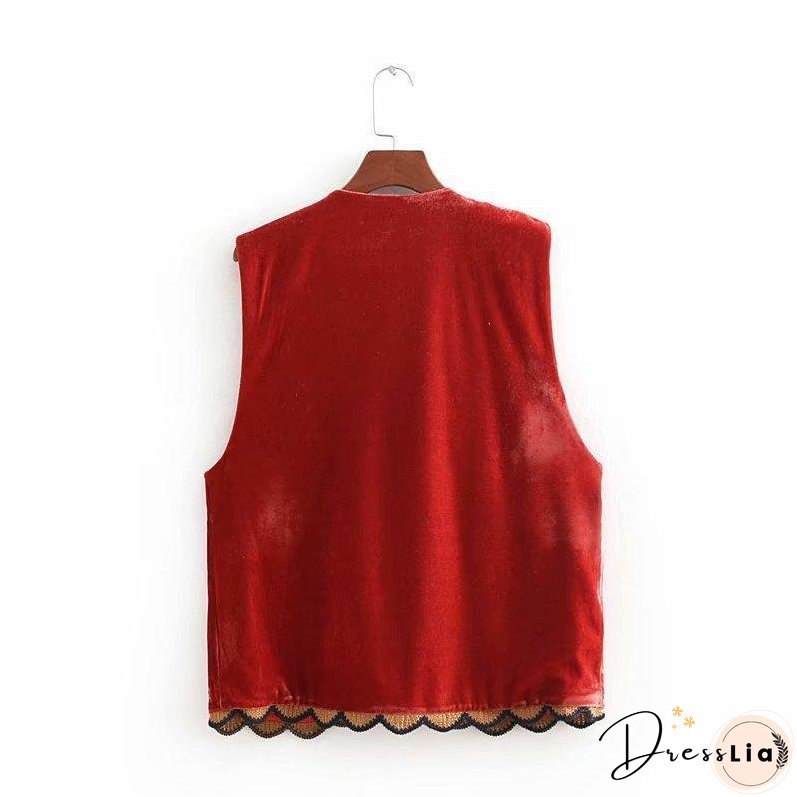 Boho Autumn Orang Floral Embroidery Sleeveless Outerwear Jacket