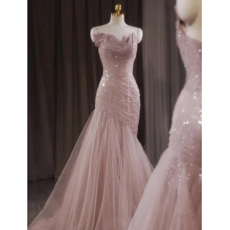Lisliy Light Pink Tulle Prom Dress Spaghetti Strap Sleeveless Dresses 