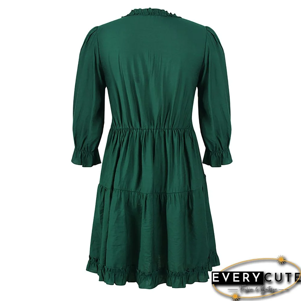 Green V Neck Ruffle Mini Dress