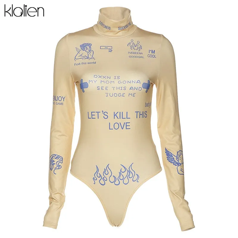 KLALIEN Fashion Print Letter Skinny Casual Turtleneck Long Sleeve Spring Bodysuit Women Simple Basic Wild Female Bodysuit