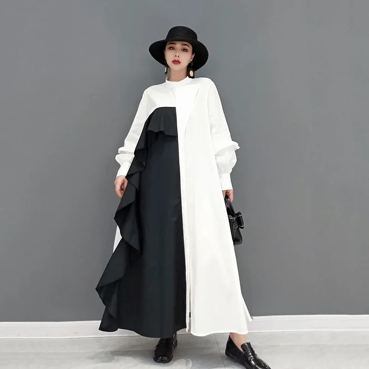 Fashion Stand Collar Asymmetrical Splicing Contrast Color Ruffles Long Sleeve Shirt Dress Autumn