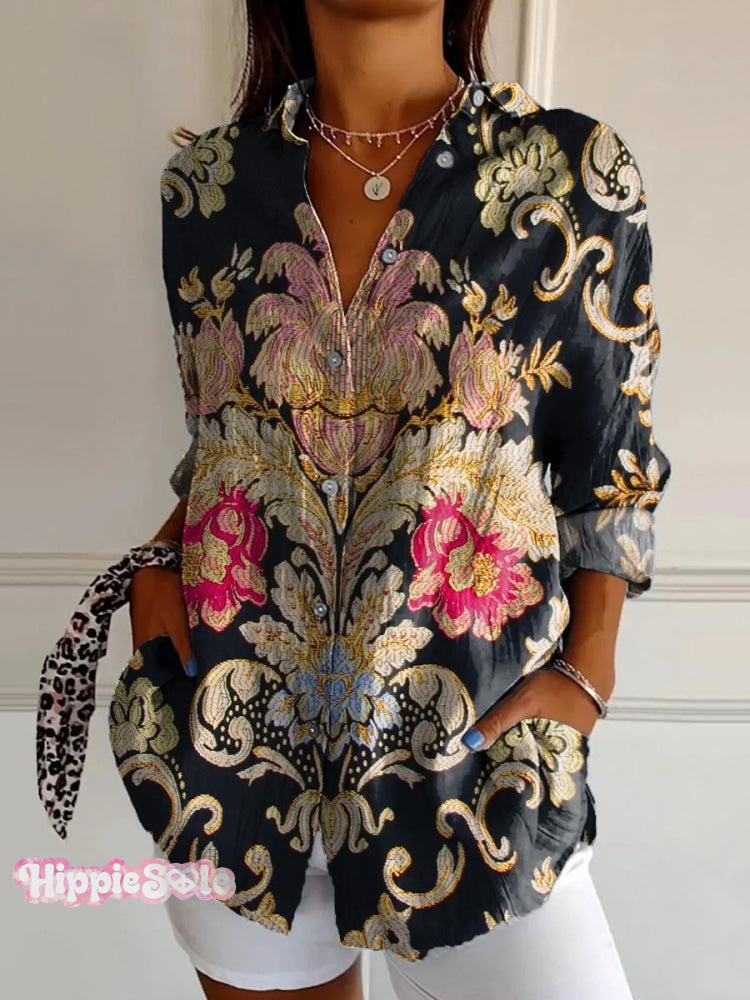 Women’s Vintage Lovely Floral Art Print Casual Cotton Shirt Multicolor / S