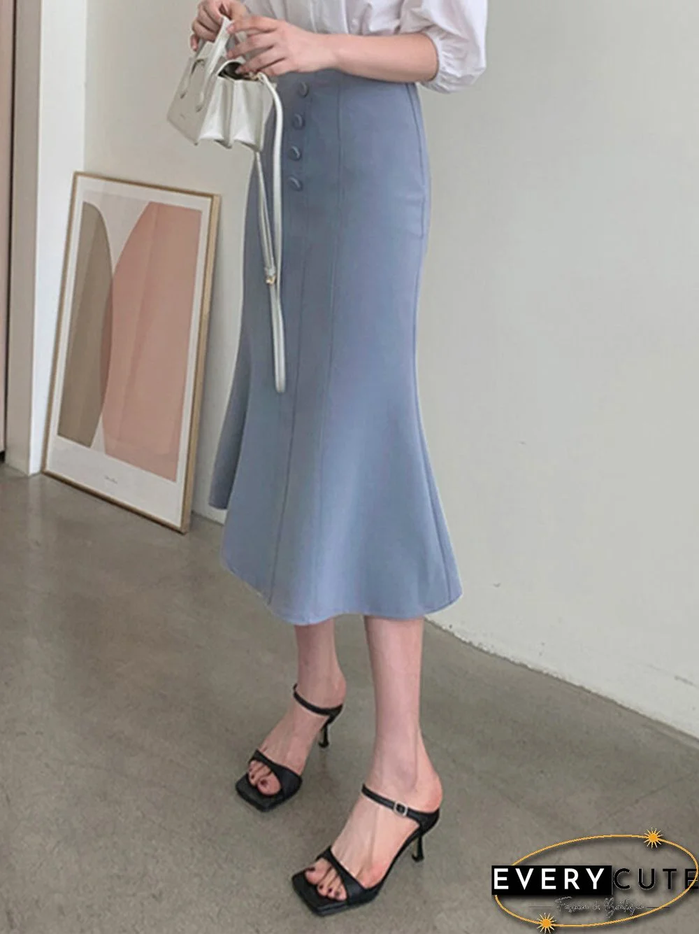 Women High Waist Solid Button Front Mermaid Skirt