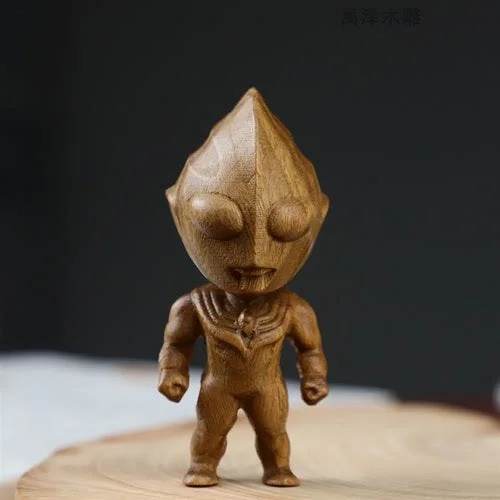 Handmade Wood Carving Ultraman Tiga Solid Wood Carving Artware Cartoon Gift Decoration Ornament