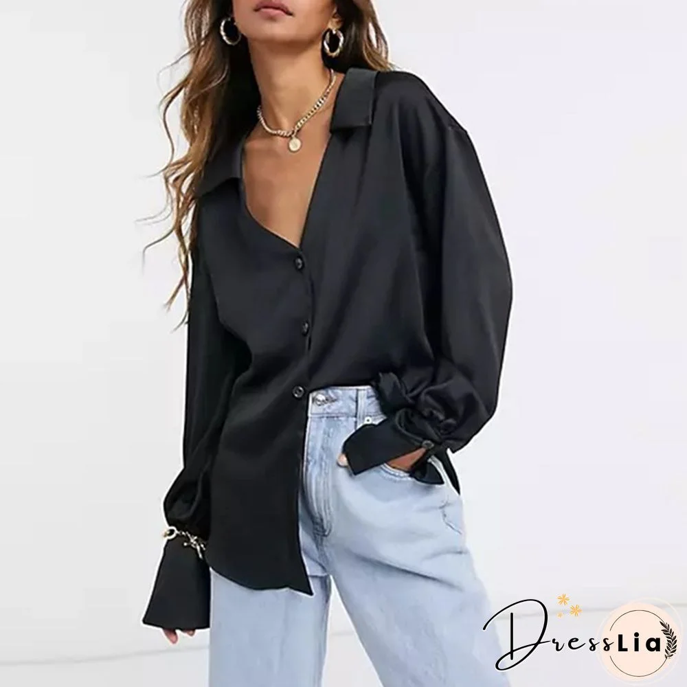Plus Size Ladies Satin Silk Lantern Long Sleeve V Neck Blouse Casual Elegant Loose Streetwear Shirt Tops Mantel