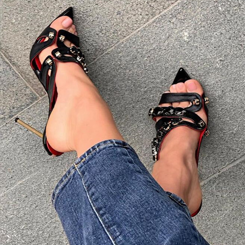 TAAFO Styles Women Big Diamonds High Thin-heeled Sandals Ankle Strap Pointed Toe Party Dress Shoes Heels