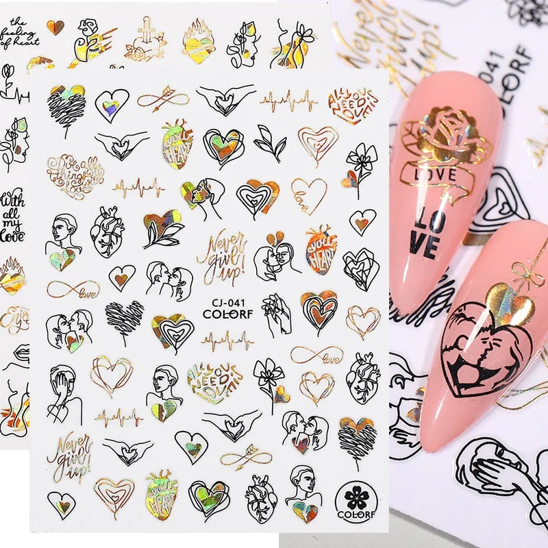 Hearts Love 3D Nail Sticker Laser Gold Rose Flower Snowflake Cartoon Line People Slider Design Polish Nail Decals Nail Art Decor-Nail Inspo