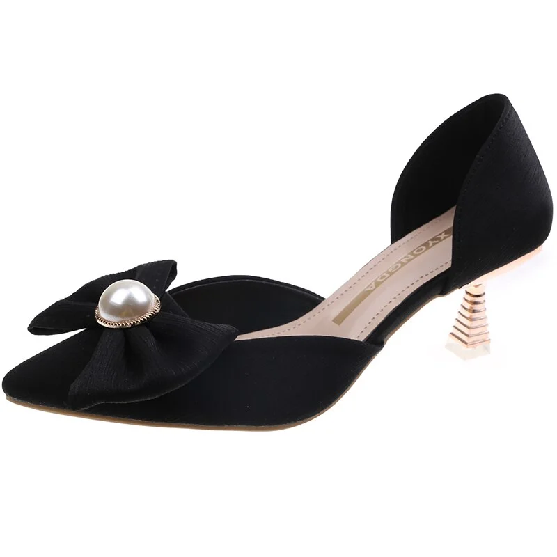 Colourp Silk Bowknot Pointed Toe Pumps Women Elegant Pearl High Heels Shoes Woman 2022 Spring Slip on Gold Heeled Sapatos De Mujer