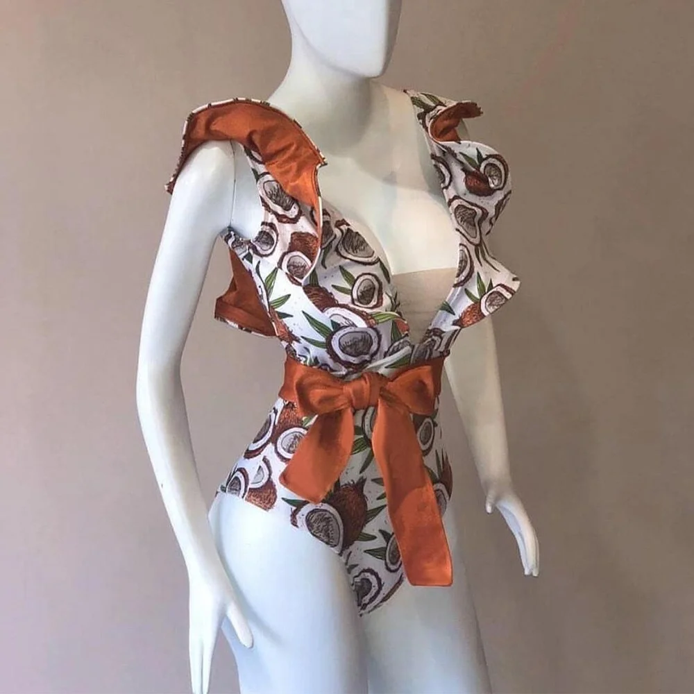 2020 New Sexy Ruffle Print Floral One Piece Strappy Slimming Swimwear Women  Swimsuit Deep-V Bathing Suit Beach Wear Monkini