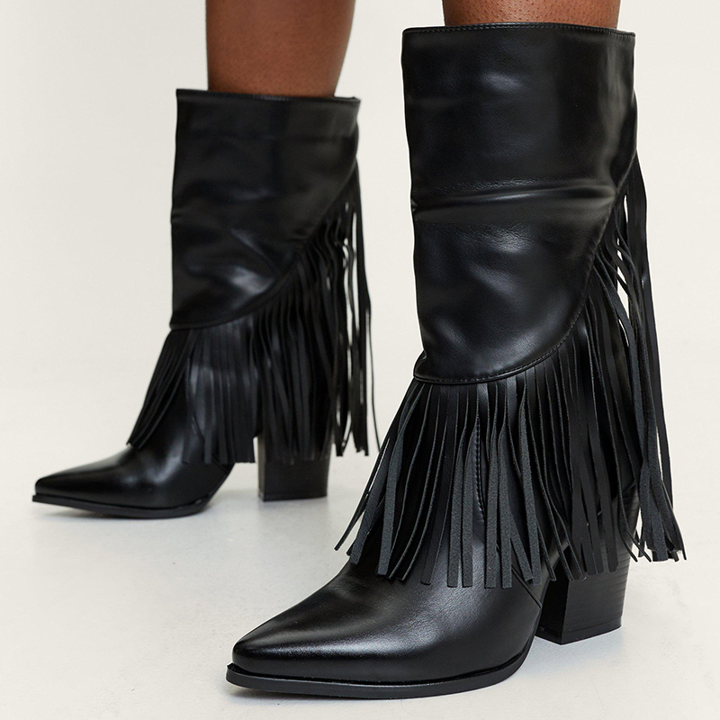 Black Pointed Toe Fringe Heeled Mid-Calf Western Boots for Women