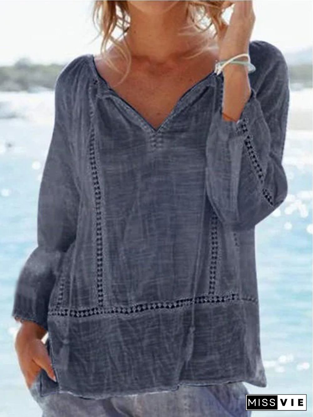 Guipure Lace V Neck Long Sleeve Holiday Shirts & Tops