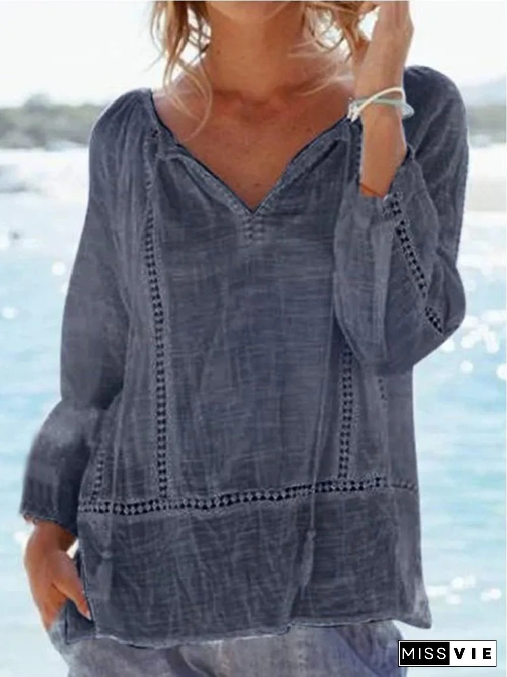 Guipure Lace V Neck Long Sleeve Holiday Shirts & Tops