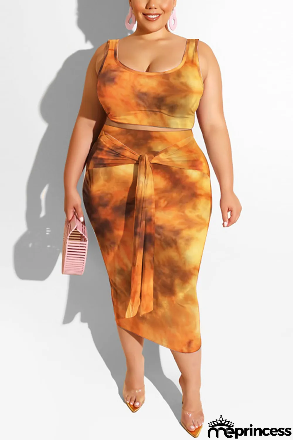 purple Polyester Sexy Slip Print Belt Tie Dye Plus Size