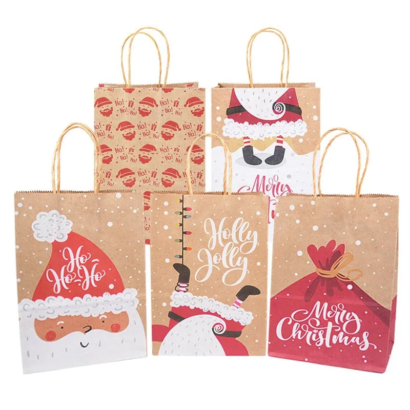 5pcs Kraft Paper Gift Bags Snowflakes Merry Christmas Candy Cookie Packaging Bag Boxes 2022 New Year Party Natal Kids Favors