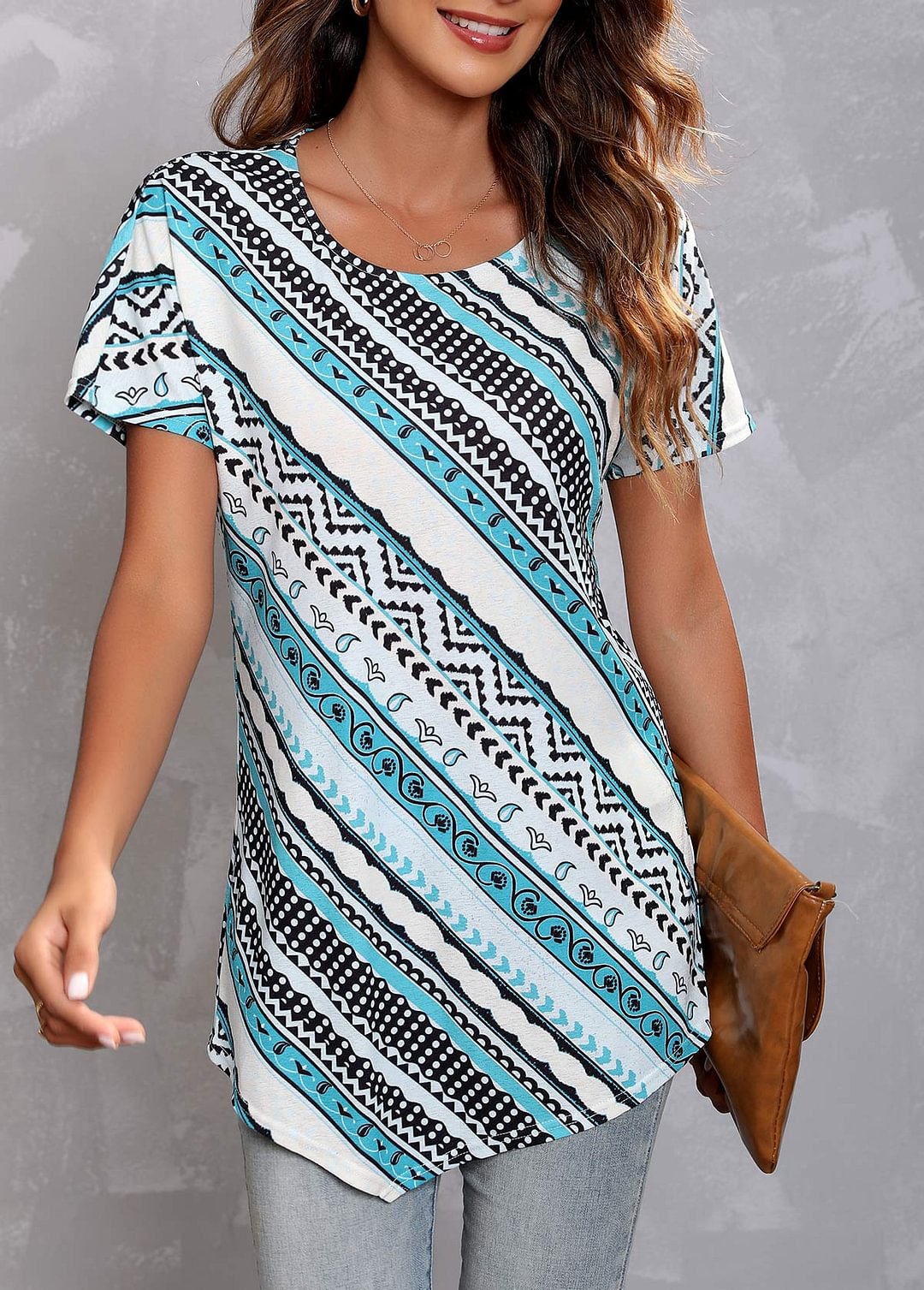 Asymmetric Hem Geometric Print Multi Color T Shirt