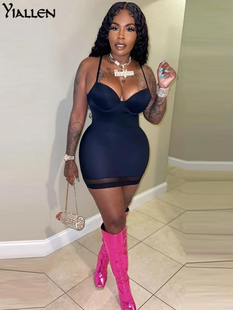 Yiallen Solid Body-Shaping Mini Dress Women Patchwork Mesh Strapless Camisole Skirt Sexy Cleavage Sleeveless Club Female Wear