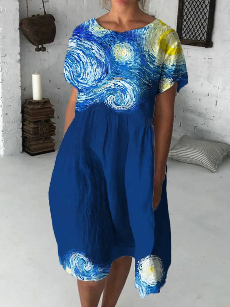 Starry Night Inspired Classy Pleated Midi Dress
