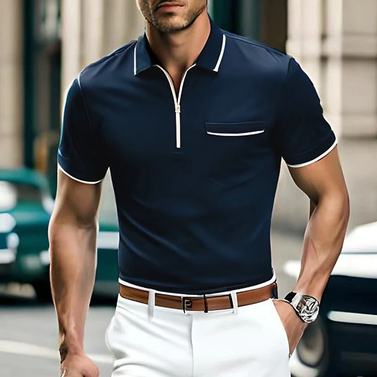 Men's Pocket Short Sleeve Contrast Trim Zipper Polo Shirt