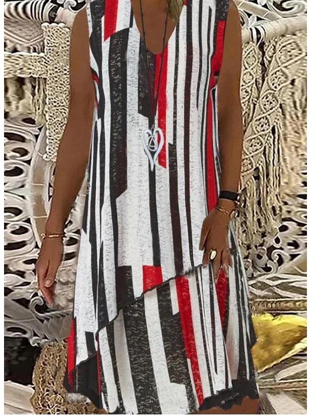 Women's V-neck Sleeveless Printed Midi Dress