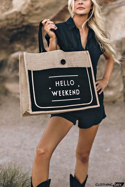HELLO WEEKEND Jute Tote Bag