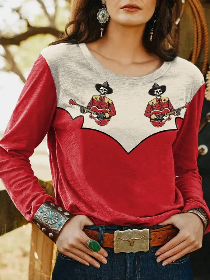 Women's Retro Western Skull Cowboy Playing Guitar Print Casual Long-Sleeve T-Shirt