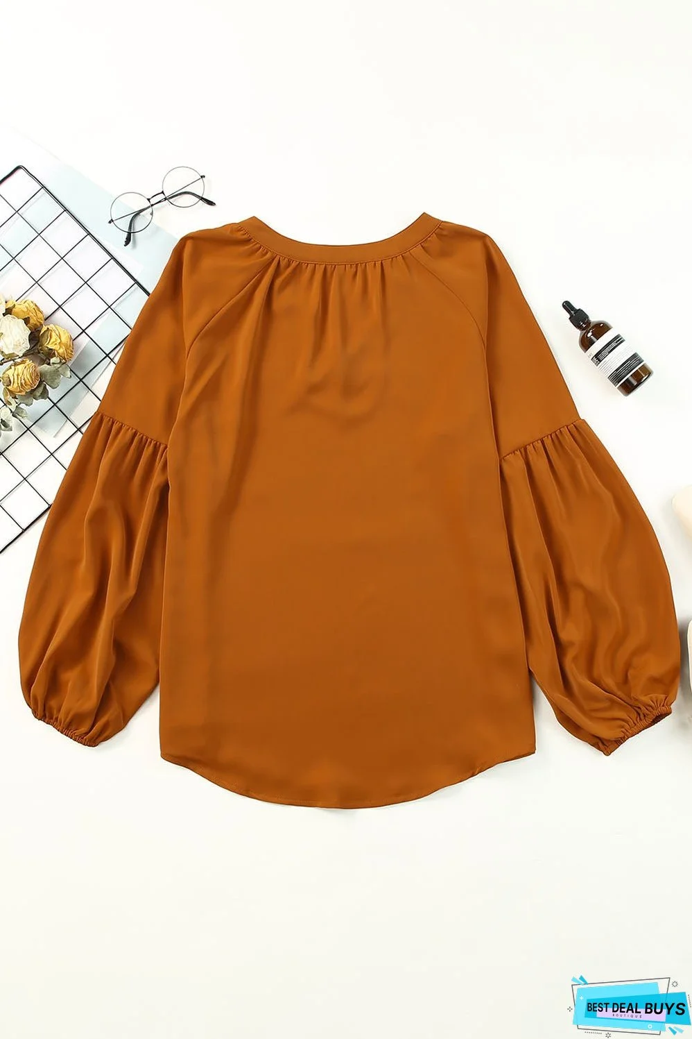 Ruched Notched Balloon Sleeve Blouse