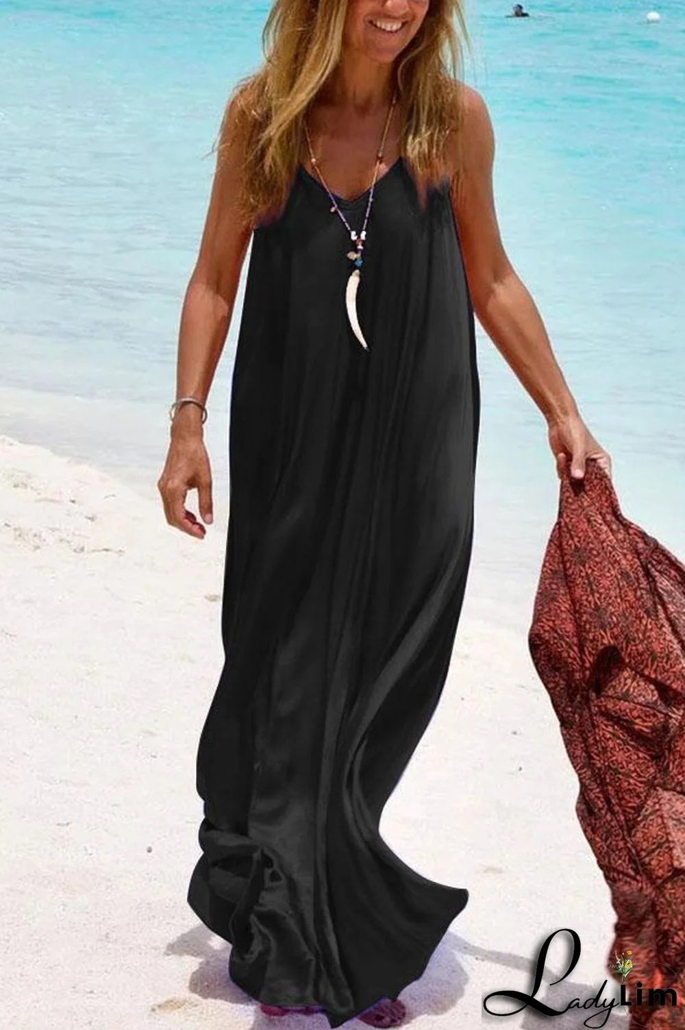 Solid V-neck Sleeveless Casual Sling Maxi Dress