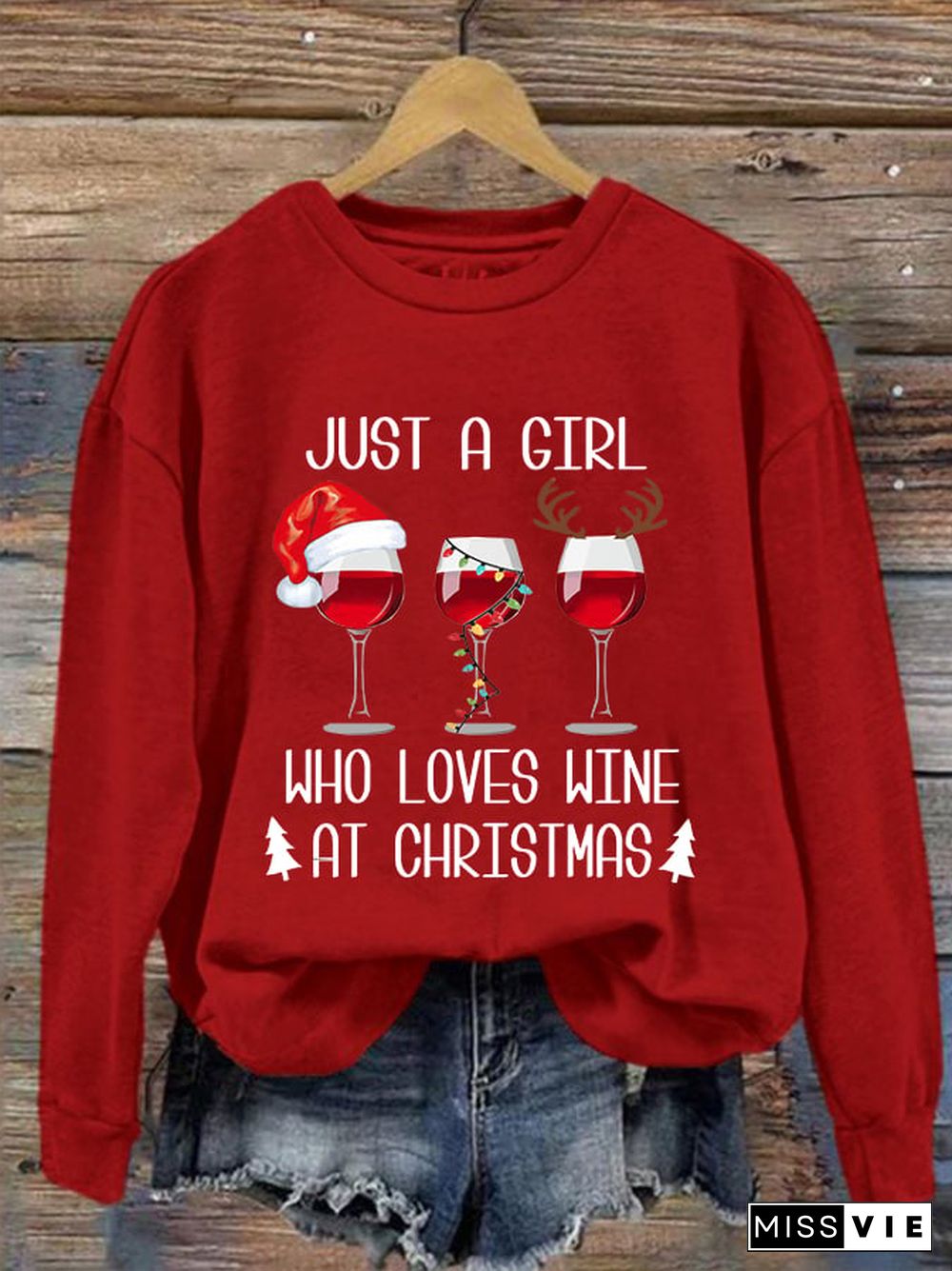 Women's Just A Girl Who Loves Christmas Red Wine Glass Print Crew Neck Sweatshirt