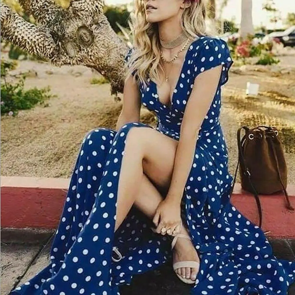 Summer Women Beach Party Sexy Deep-V Polka Dot Slits Short Sleeve Maxi Dress High slit dress Polka dot pattern fashion  elegant