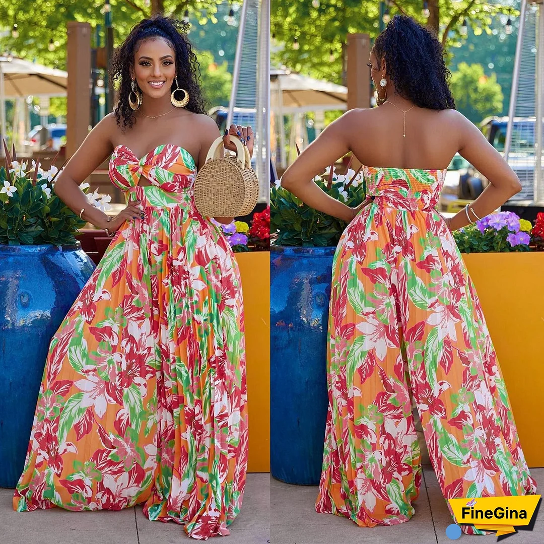 Sexy Strapless Print Plus Size Elasticized Wide Leg Pleated Plus Size Jumpsuit