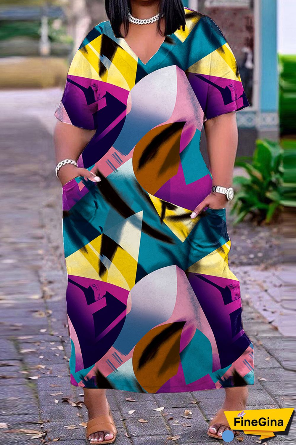 Light Blue Casual Print Patchwork V Neck Short Sleeve Dress