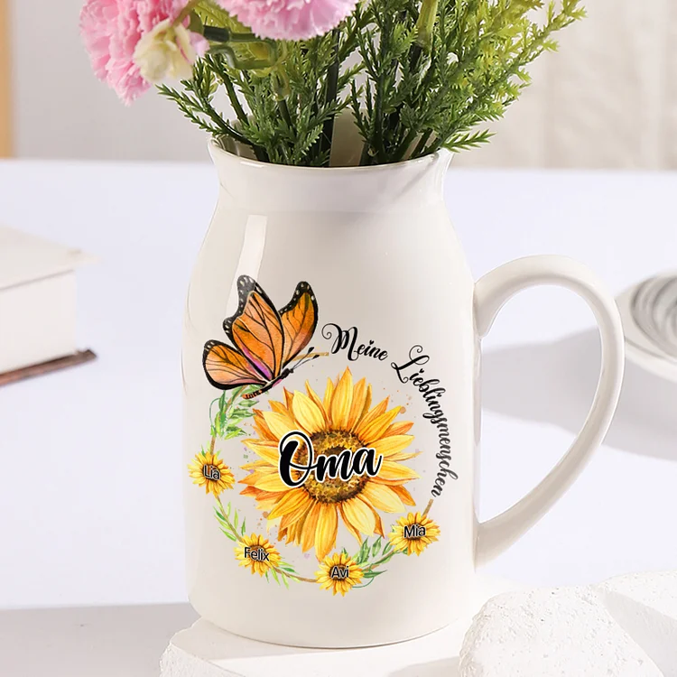 Personalisierte 2 Texte & 4 Namen Sonnenblume & Schmetterling Familie Vase