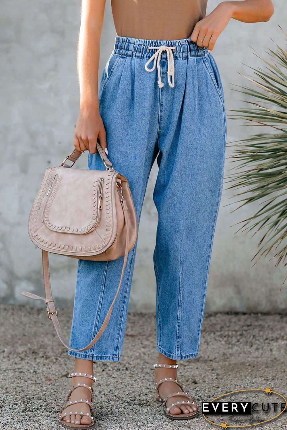 Sky Blue Drawstring Pocketed Straight Leg Denim Pants