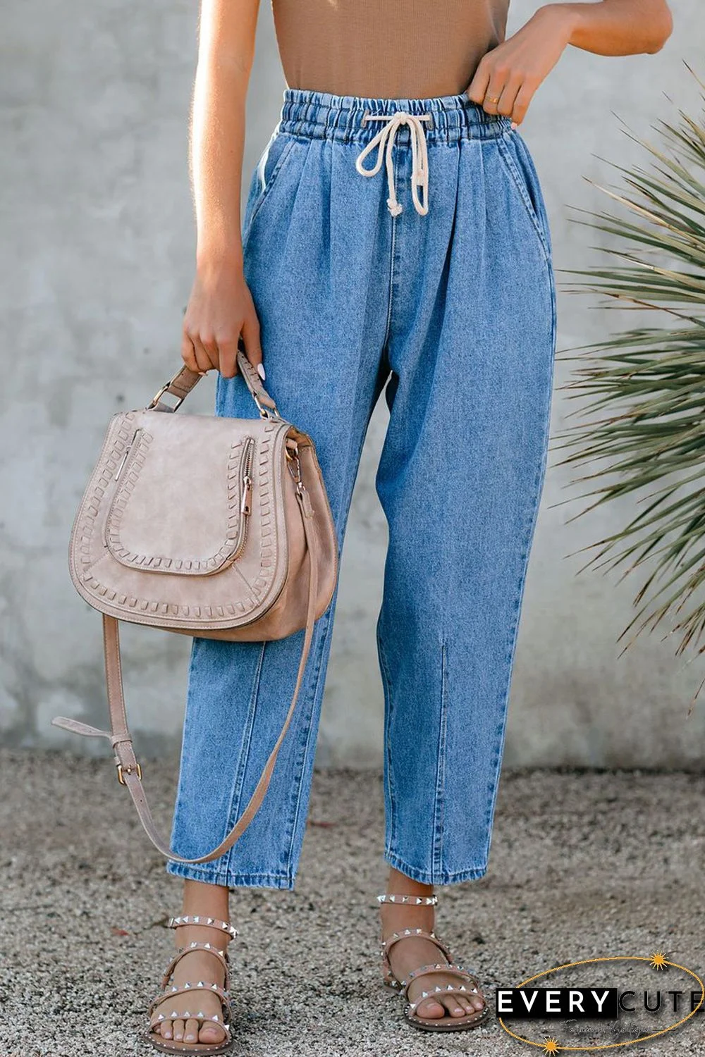 Sky Blue Drawstring Pocketed Straight Leg Denim Pants