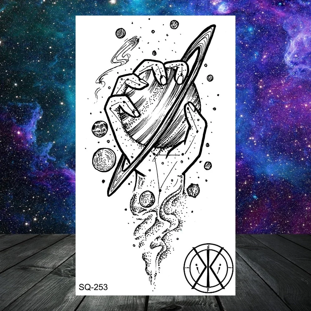 Black Whale Universe Planet Temporary Tattoos For Women Adult Men Constellation Outer Space Moon Fake Tattoo Small Tatoo Paper