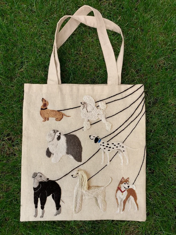 Pet Dogs Animal Embroidery Pattern Canvas Bag