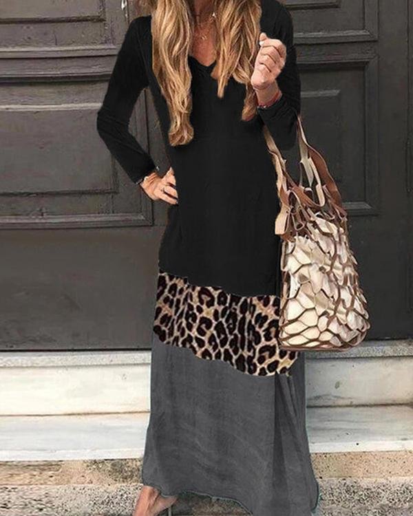 Plus Size Print/Leopard Long Sleeves Shift Casual Maxi Dresses - Chicaggo