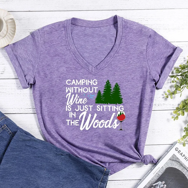 Camping without wine Christmas V-neck T Shirt-Annaletters