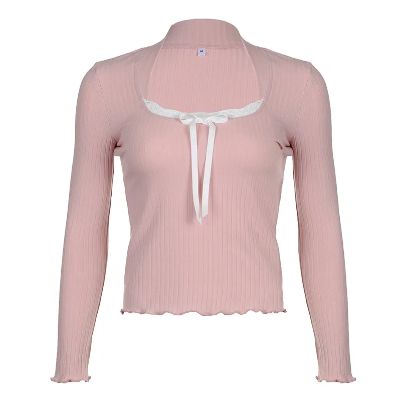 Colourp Colourp Girl Wind Lace Stitching Bow Long Sleeve T Shirt Square Collar Pit Strip Slim Solid Color Bottom Top